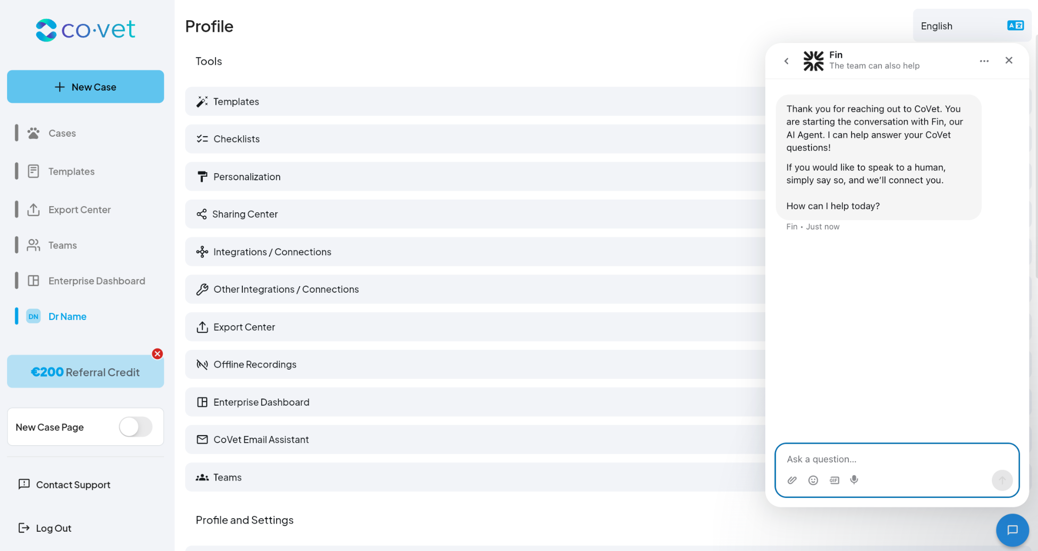 In-App Support chat in CoVet